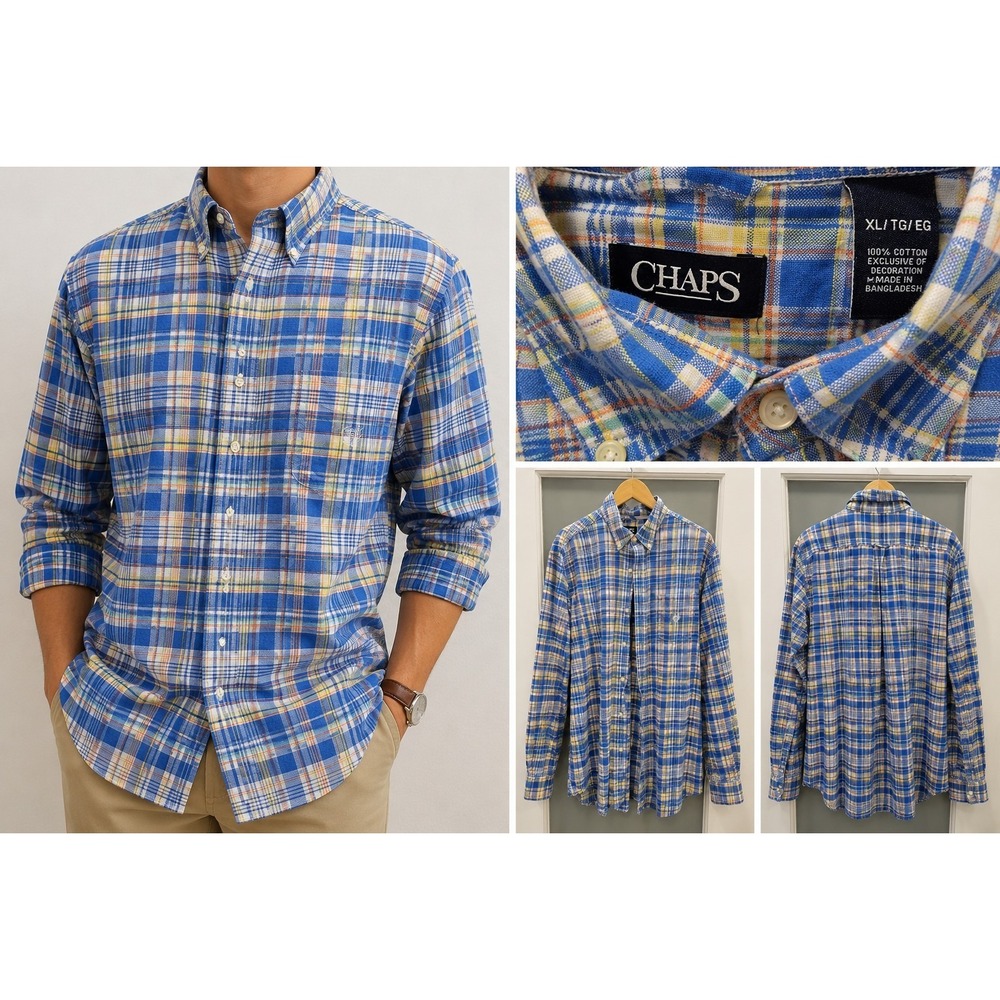 Chaps Men's XL Blue Yellow Plaid Button Down Shirt Long Sleeve 100% Cotton